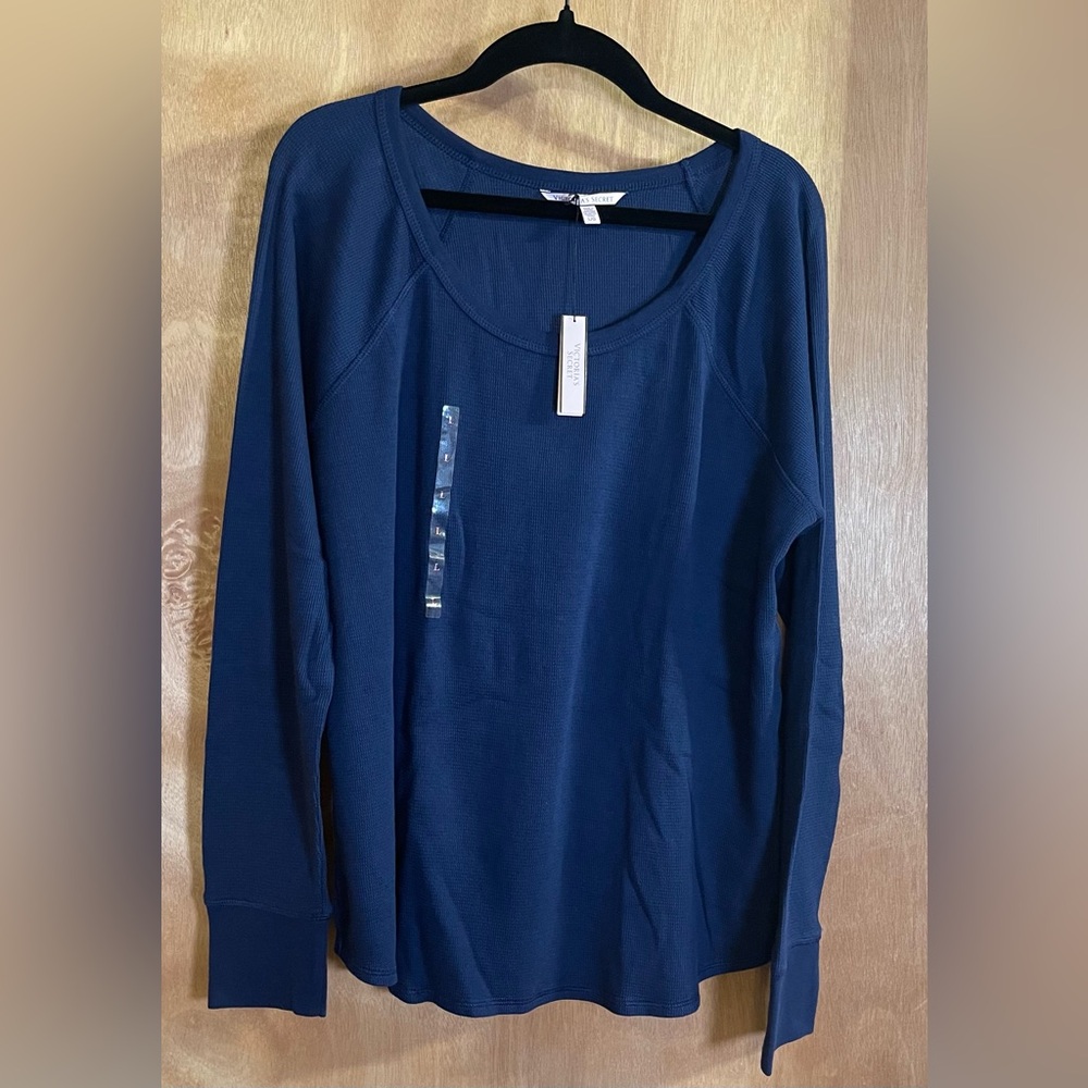 NWT Victorias Secret Long Sleeve Waffle Shirt Size L Navy